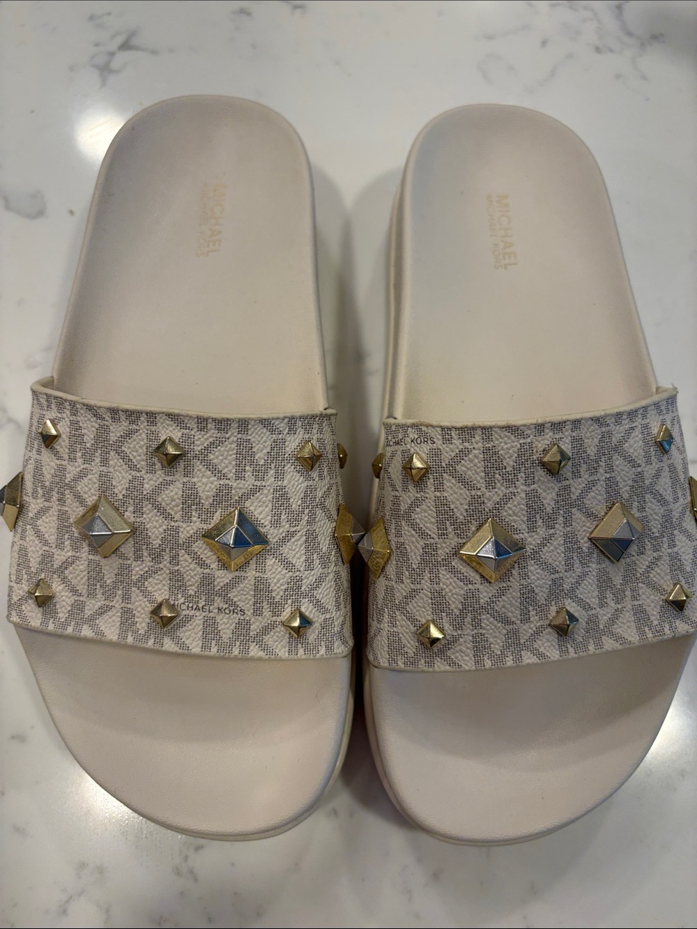 Michael Kors Beige Logo Stud Slide Sandals with Gold Accents
